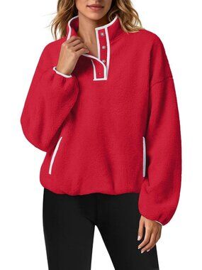 Cozy Red Medium Quarter Snap Fleece Pullover Sherpa Jacket for Women